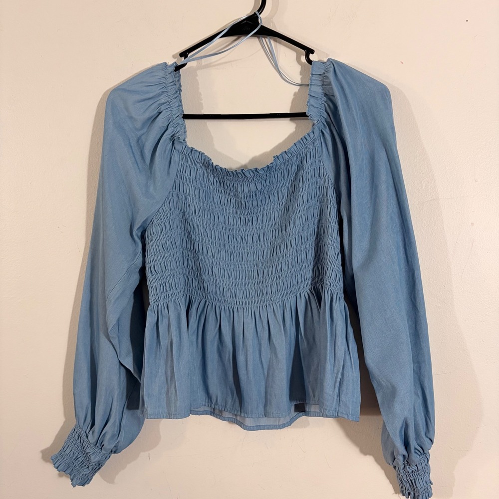 Candie's Smocked Peplum Blouse Women Large Blue Long Sleeve Square Neck COTTAGEC